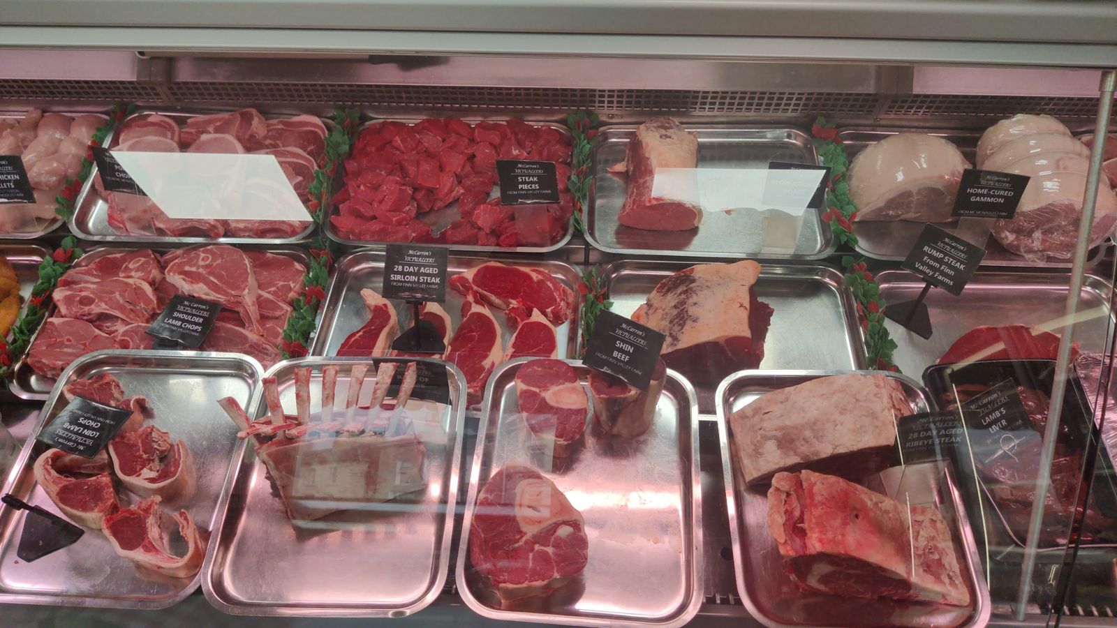 Beef and lamb counter with 28-day aged sirloin steaks, shin beef, rack of lamb and lamb chops